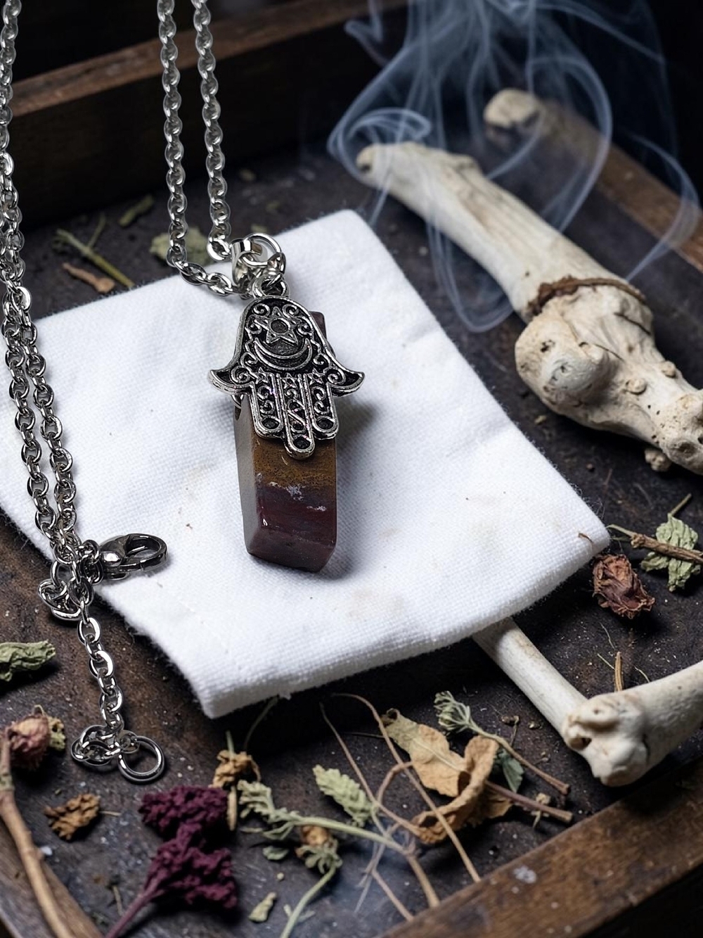 Hamsa Hand Jasper Point Pendant Necklace - Silver Tone